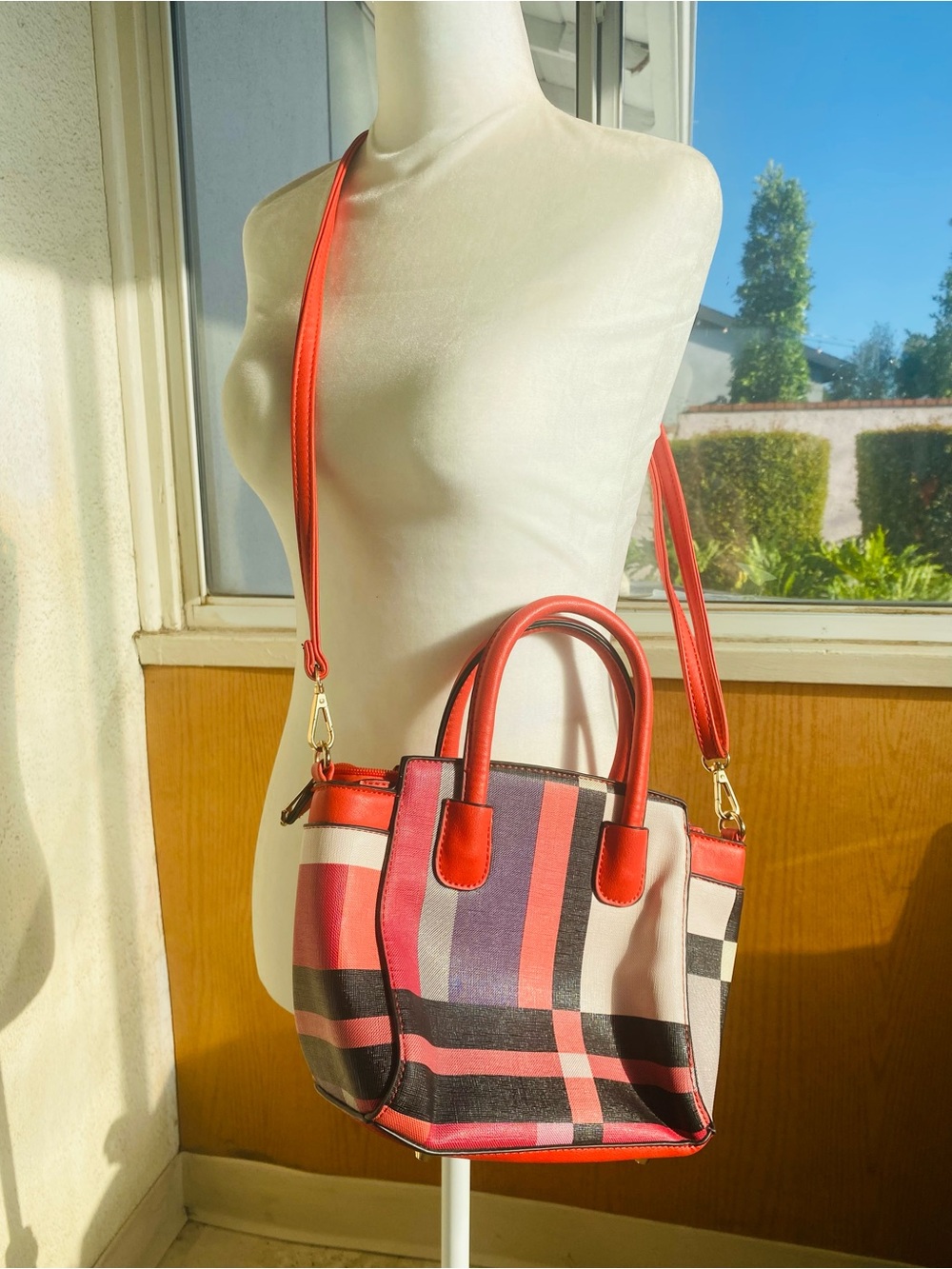 Coral Red Plaid Structured Satchel Crossbody Top Handle Handbag Purse - Picture 3 of 13